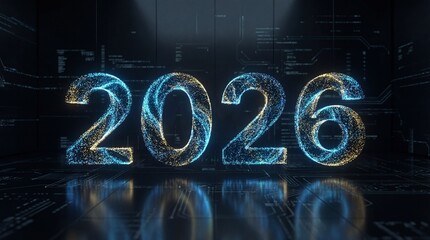 Glowing blue and gold 2026 numbers in futuristic tech background