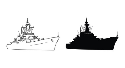 Detailed illustration of a battleship with a distinct black silhouette showcasing naval architecture © Bsicon02