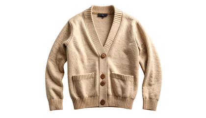 A tan, button-down, knit cardigan sweater with a v-neck and two pockets is displayed