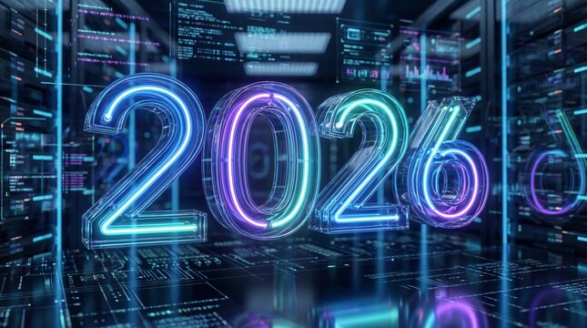 Futuristic server room with neon 2026 text in a data center - Powered by Adobe