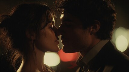 Couple in love kissing, background of blurred lights, romantic concept