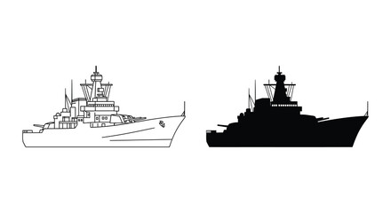 Detailed illustration showing a warship alongside its bold black silhouette representation a striking visual contrast © Bsicon02
