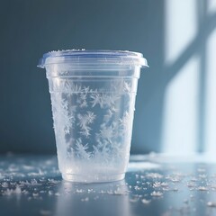Frozen plastic cup with intricate ice crystals on surface and lid