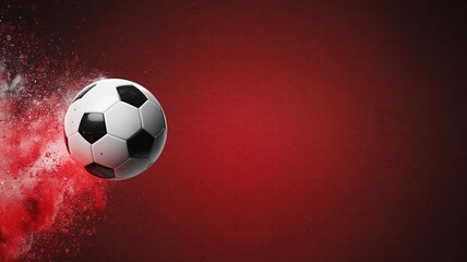 Naklejka premium Dynamic Soccer Ball Bursting Through Red Powder for 2026 Football World Cup Promotional Material Design Inspiration