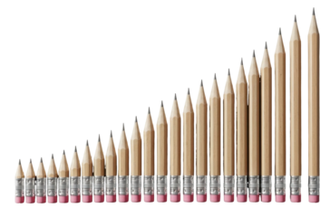 A collection of pencils arranged in a linear sequence, demonstrating a gradual increase in size from left to right.