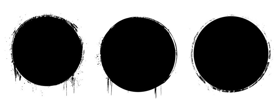 Abstract textured black round smears isolated on a white background. Set of grunge circles from brush strokes. Vector illustration 