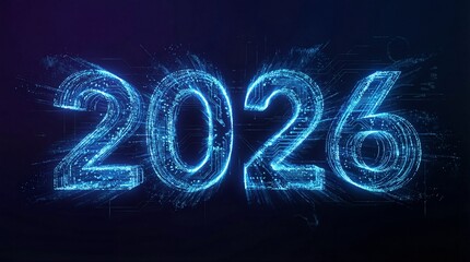 Futuristic glowing blue 2026 numeric design with circuit board pattern