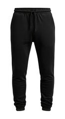 Black sweatpants with drawstring waist and cuffed ankles on transparent background