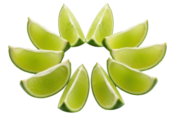 Close-up shot of a circle of fresh, juicy lime wedges arranged in a radial pattern.