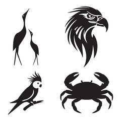 This image displays four distinct black animal silhouettes against a white background. The top left features two cranes with long necks, while the top right showcases a stylized eagle head with sharp 
