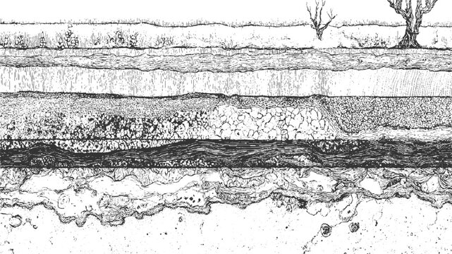 Black and white cross section of layered earth soil and rocks with grass and tree layers