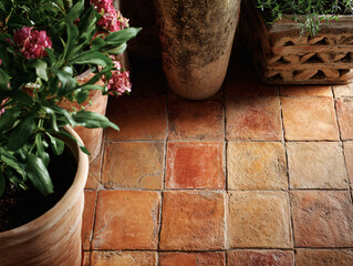 Terracotta Tile Floor with Potted Plants for Rustic Patio Ambiance