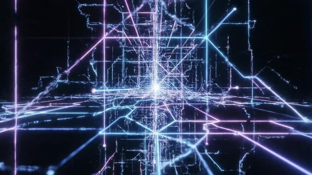 Expanding geometric neon lines forming a complex network structure radiating outward like an artificial intelligence neural pathway connections, complex, intelligence