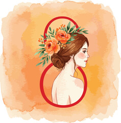 Woman with flowers in hair and red oval design on peach background