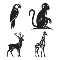 This image displays four stylized animal silhouettes arranged in a grid pattern against a plain white background. The black illustrations depict a parrot in the top-left, a sitting monkey 