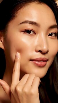 Beautiful Asian Woman Poking Her Soft Glowing Cheek in Close-up Beauty Skincare Shot