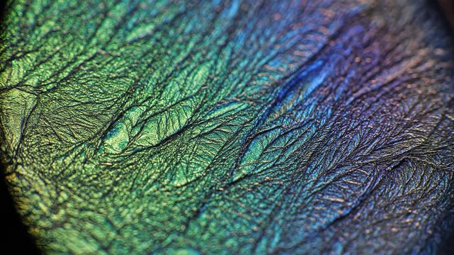 Extreme close up of a microscopic texture surface demonstrating deep purple and green iridescent colors shifting with subtle light movement green, macro, unique