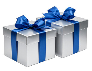 Obraz premium Stacked Silver Gift Boxes with Flowing Blue Satin Ribbons, Angled Perspective, Isolated