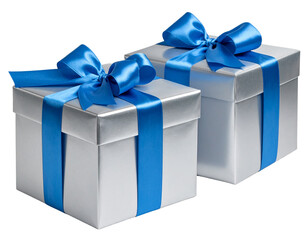  Stacked Silver Gift Boxes with Flowing Blue Satin Ribbons, Angled Perspective, Isolated