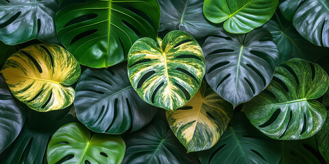 Top view of lush tropical monstera leaves background, deep emerald green foliage with golden variegated leaves, luxury botanical pattern. Perfect for luxury branding, nature-themed designs, wallpapers