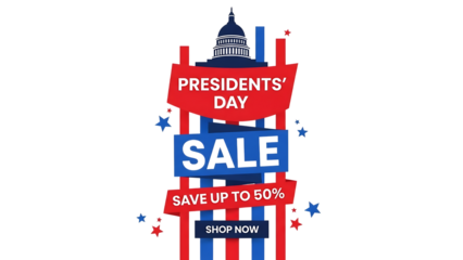 Presidents Day sale banner in red, white, and blue with stars and stripes in bold graphic style for e-commerce promotion transparent background.