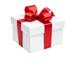 Fototapeta premium White Gift Box with Shiny Red Ribbon Bow, Front View, Isolated on Transparent Background 