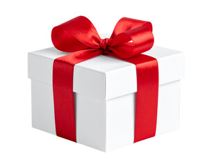 Obraz premium White Gift Box with Shiny Red Ribbon Bow, Front View, Isolated on Transparent Background