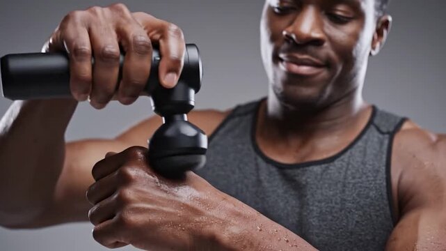 Man uses black percussive massager on sweaty arm, wearing tank top, grey backdrop