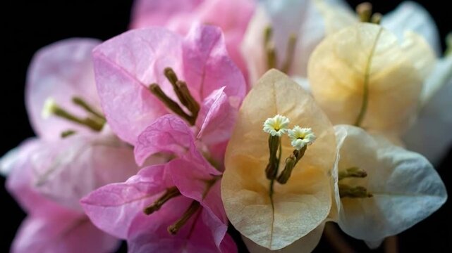 A stunning macro close-up reveals the exquisite detail of multi-colored Bougainvillea blooms against a deep, contrasting black background. Delicate pink, soft creamy white, and pure white papery bract