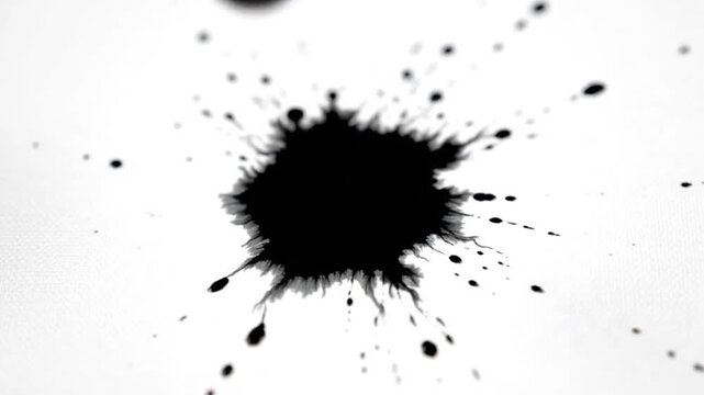 Dynamic black ink explosion splattering many droplets across a crisp white surface