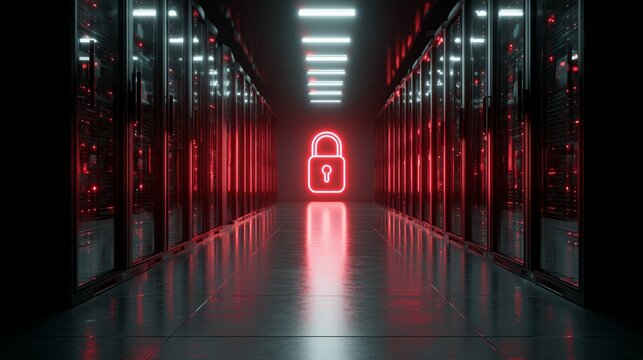 Server room protecting digital information with a glowing red padlock, ensuring network security