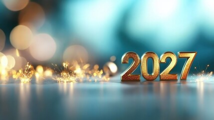 A stunning display showcases the year 2027 in brilliant gold against a soft blue background. Sparkling accents create a festive atmosphere, signaling a celebratory moment