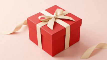 Fototapeta premium Elegant red gift box with cream ribbon isolated on white background