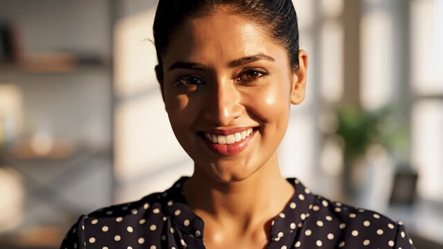 Closeup portrait of a beautiful young indian woman with dark hair pulled back, smiling warmly with dimples in a sunlit office environment