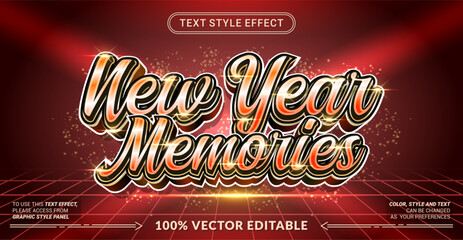 Editable text effect vector &ldquo;New Year Memories&rdquo; features festive bold 3D lettering with a joyful celebration mood, perfect for holiday posters, greetings, events, and promotions.
