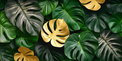Top view of lush tropical monstera leaves background, deep emerald green foliage with golden variegated leaves, luxury botanical pattern. Perfect for luxury branding, nature-themed designs, wallpapers