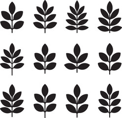 Collection of black leaf silhouettes on white background