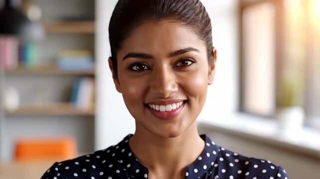 Closeup portrait of a beautiful young indian woman with dark hair pulled back, smiling warmly with dimples in a sunlit office environment