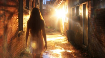 Sierkussen Smal steegje Walking through a narrow alley at night with light in the distance  © tashechka