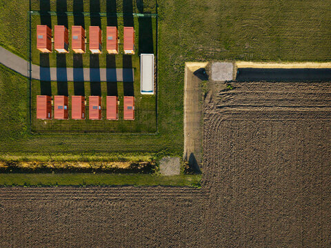 Aerial view of battery storage facility for renewable energy in the Netherlands