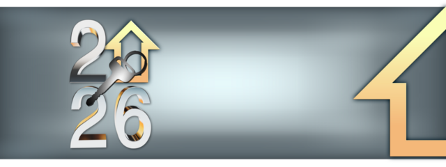 Creative 2026 New Year design template with golden keys and an abstract house symbol. 3D render illustration for a greeting card or banner. abstract metal background with numbers