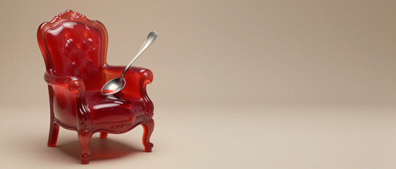 A translucent red jelly dessert sculpted into a vintage ornate armchair with a silver spoon resting on the seat. Creative food photography.
