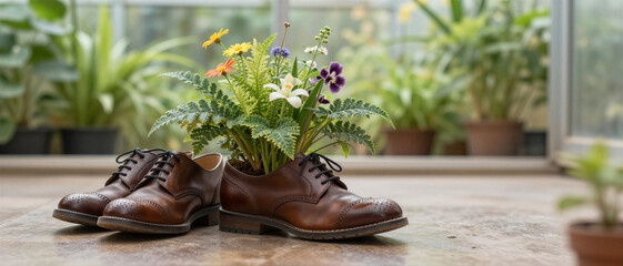 A creative arrangement of colorful wildflowers and green ferns growing inside a vintage brown leather dress shoe sitting on a stone floor in a bright greenhouse. Spring Gardening.