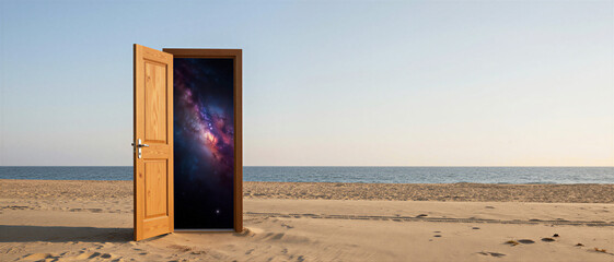 An open wooden door stands on a sandy beach looking out to the ocean and revealing a portal to a distant starry galaxy within the frame. Concept of new beginnings and hidden discovery.