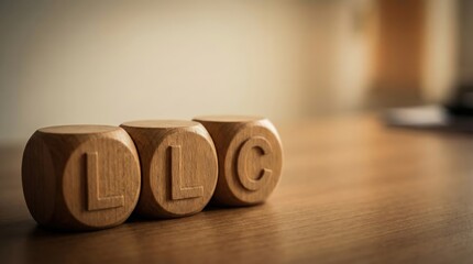 Wooden blocks displaying letters L, L, C on a polished wooden table, symbolizing Limited Liability Corporation concept in a professional business environment