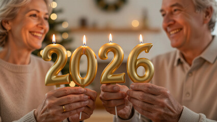 A smiling senior couple holding lit golden 2026 number candles in a warm indoor setting during a celebratory New Year's Eve event.