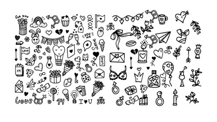 Obraz premium Love and Celebration Doodle Collection: A charming compilation of hand-drawn illustrations expressing love, joy, and celebration, perfect for adding a touch of whimsy and affection to any project.