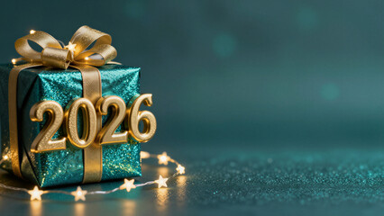 Glittery teal gift box with a golden ribbon and 2026 numbers surrounded by star shaped fairy lights on a dark background for New Year 2026.