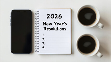 A notebook displaying a list for 2026 New Year's Resolutions placed next to a smartphone and two coffee cups on a clean white surface. New Year 2026.