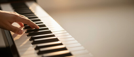 Close up of an adult woman pianist hand playing melodies on a keyboard in warm sunset light. Music education and relaxation.